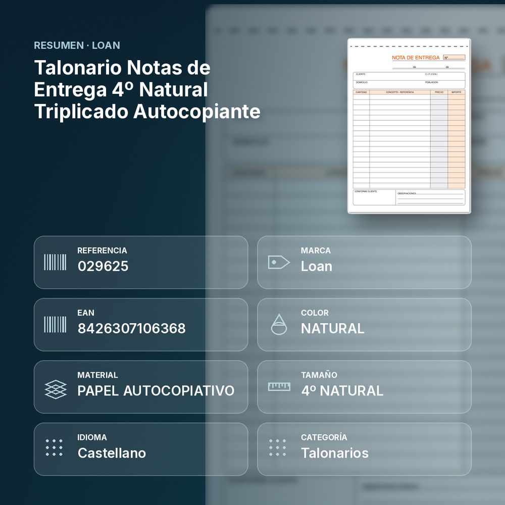 TALONARIO NOTAS DE ENTREGA 4º NATURAL TRIPLICADO AUTOCOPIANTE - resumen de atributos