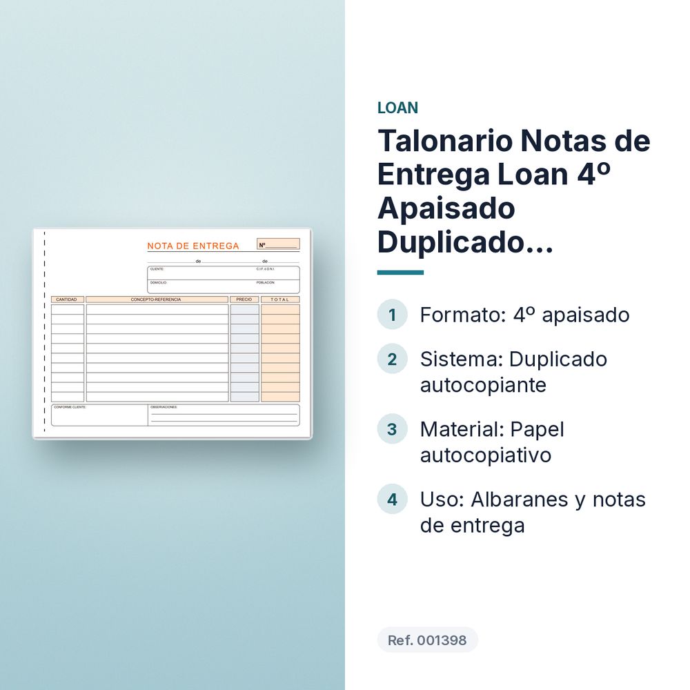 TALONARIO NOTAS DE ENTREGA LOAN 4º APAISADO DUPLICADO AUTOCOPIANTE - características principales