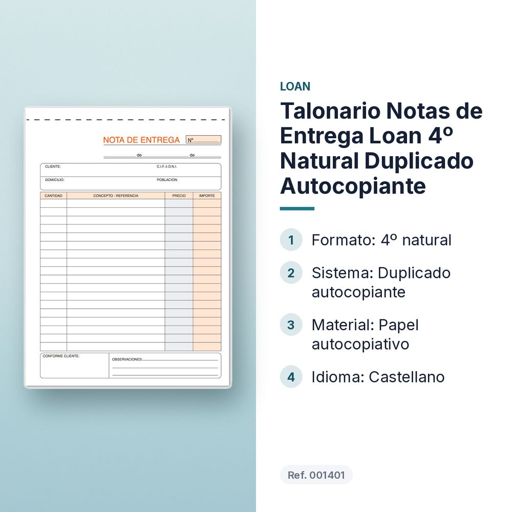TALONARIO NOTAS DE ENTREGA LOAN 4º NATURAL DUPLICADO AUTOCOPIANTE - características principales