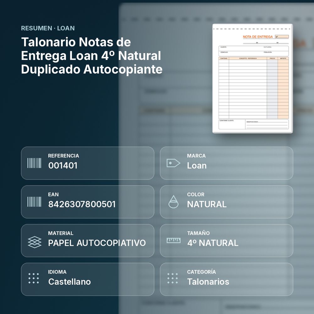 TALONARIO NOTAS DE ENTREGA LOAN 4º NATURAL DUPLICADO AUTOCOPIANTE - resumen de atributos