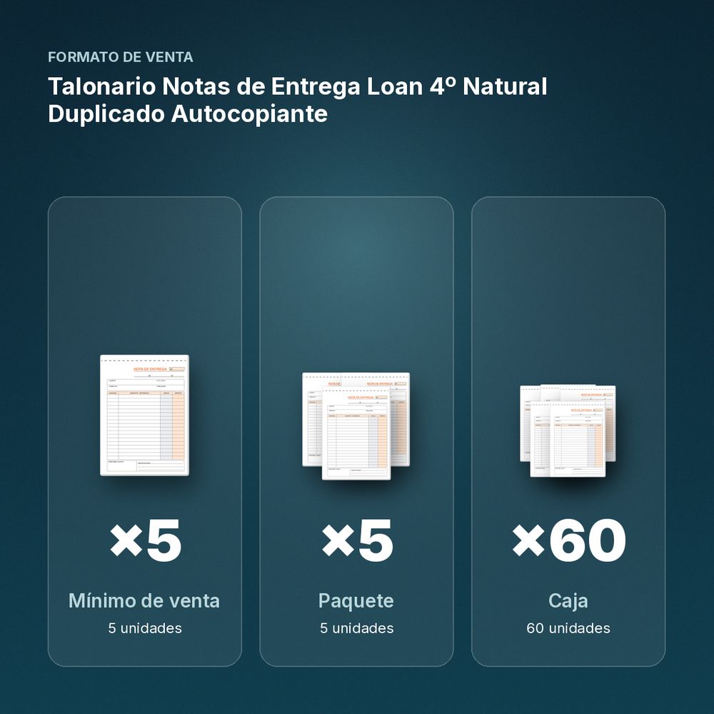 TALONARIO NOTAS DE ENTREGA LOAN 4º NATURAL DUPLICADO AUTOCOPIANTE - formato de venta: paquete de 5, caja de 60
