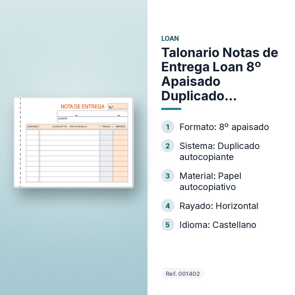 TALONARIO NOTAS DE ENTREGA LOAN 8º APAISADO DUPLICADO AUTOCOPIANTE - características principales