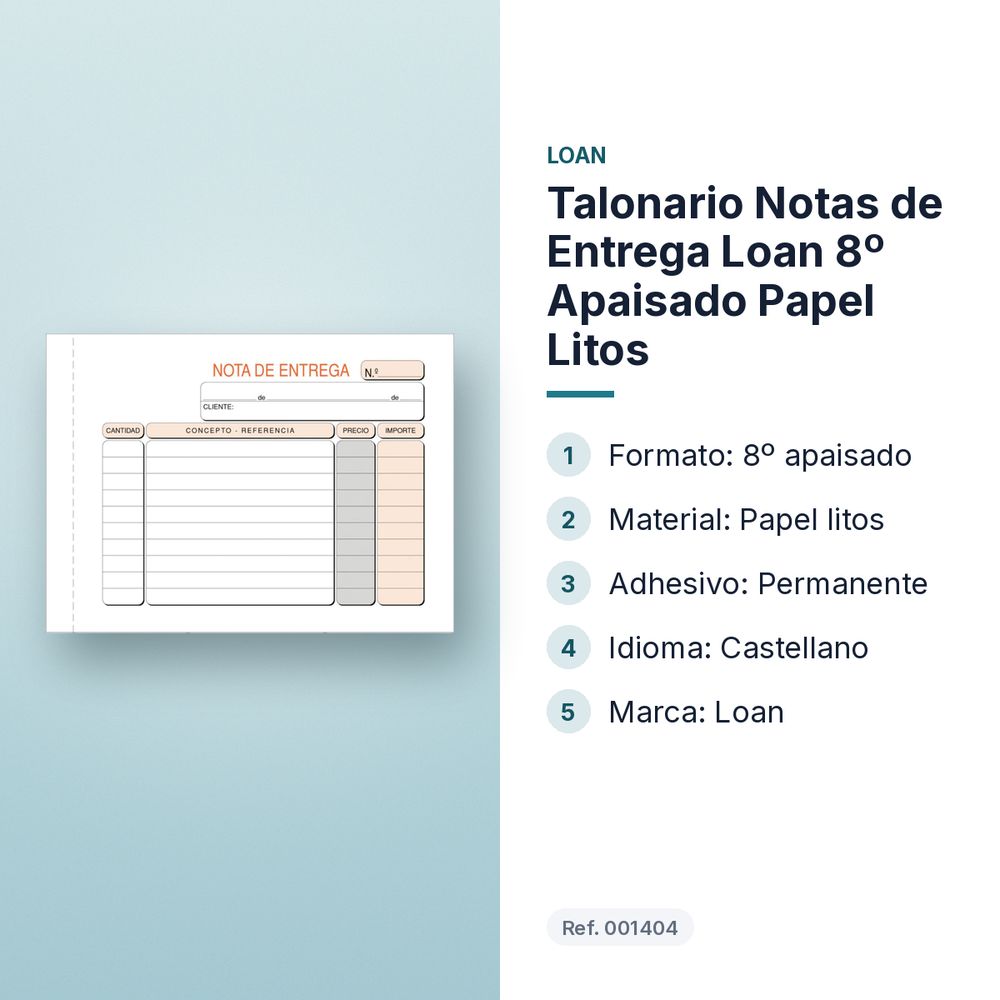 TALONARIO NOTAS DE ENTREGA LOAN 8º APAISADO PAPEL LITOS - características principales