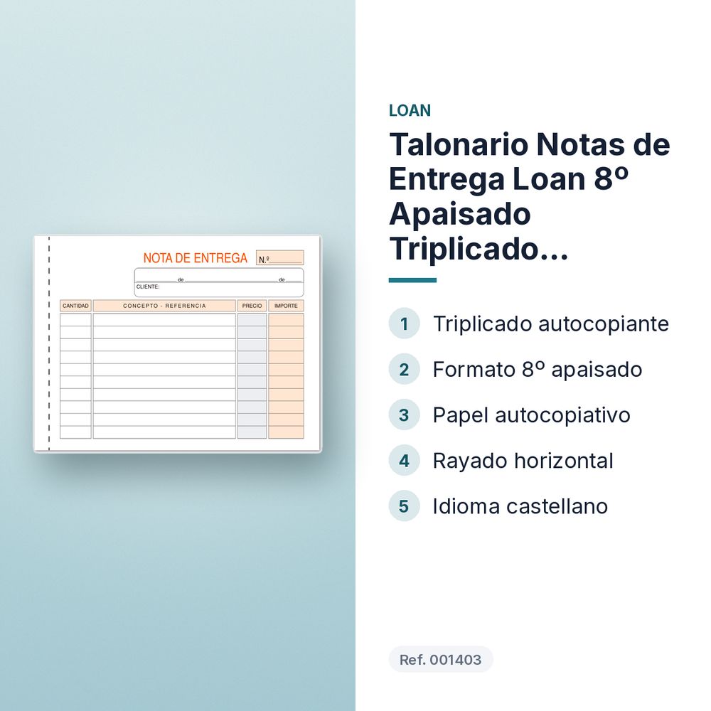 TALONARIO NOTAS DE ENTREGA LOAN 8º APAISADO TRIPLICADO AUTOCOPIANTE - características principales