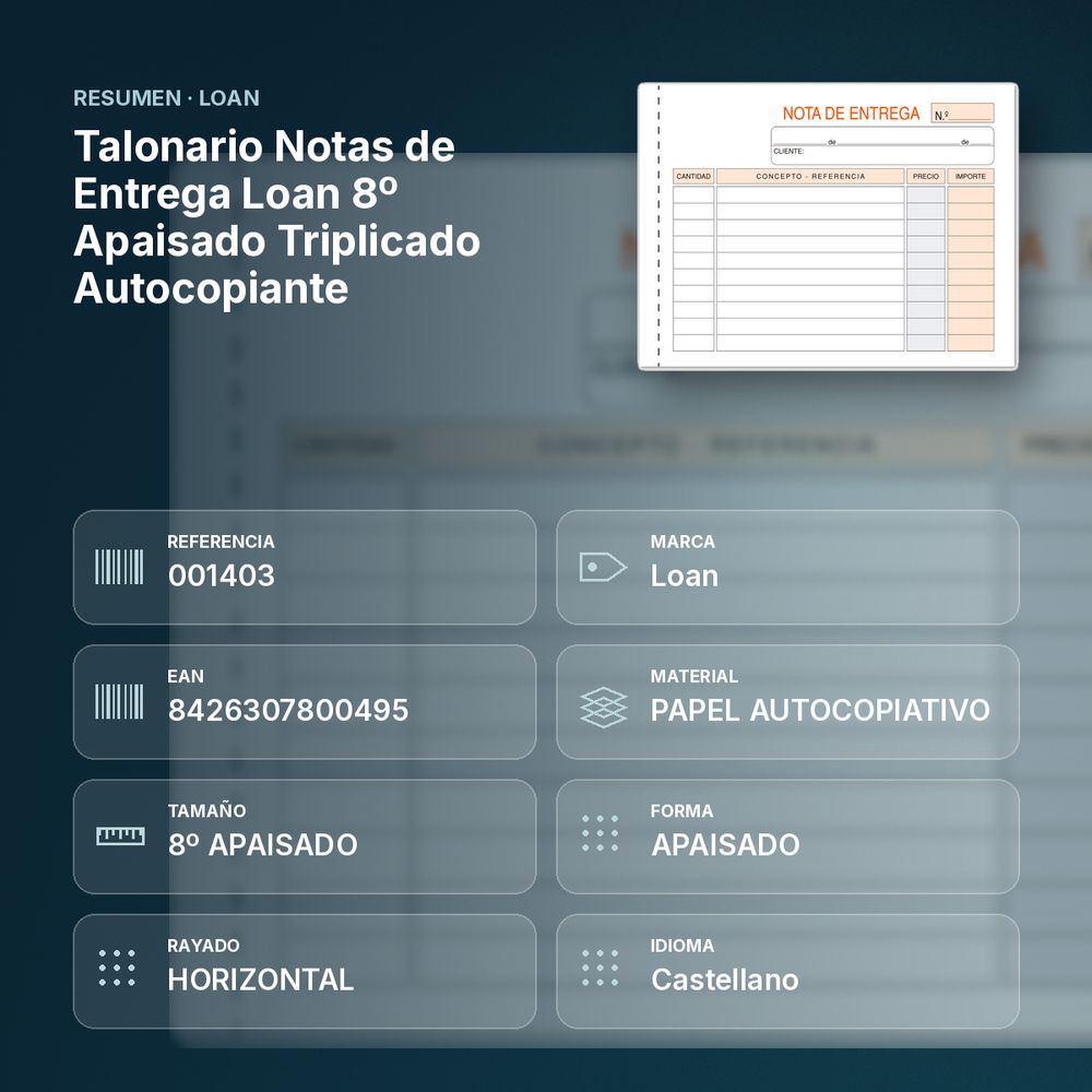 TALONARIO NOTAS DE ENTREGA LOAN 8º APAISADO TRIPLICADO AUTOCOPIANTE - resumen de atributos