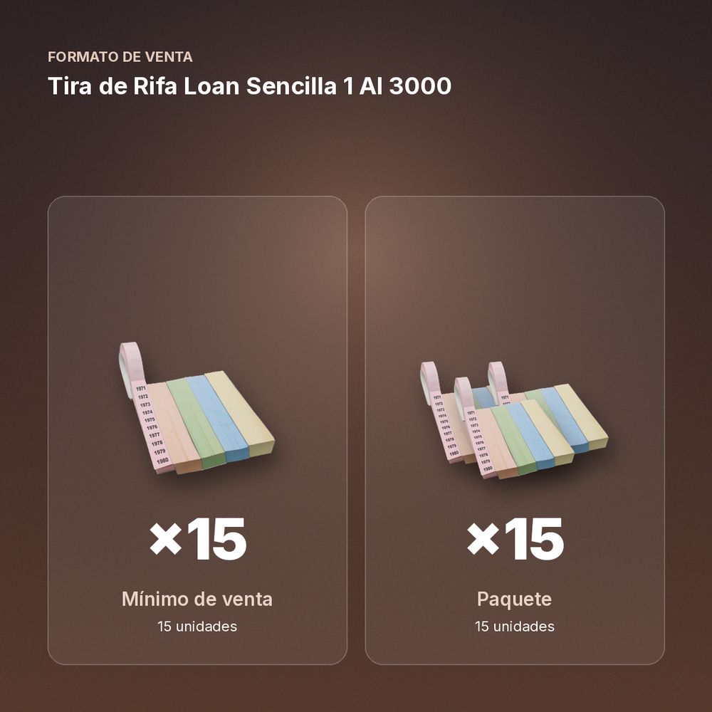 TIRA DE RIFA LOAN SENCILLA 1 AL 3000 - formato de venta: paquete de 15