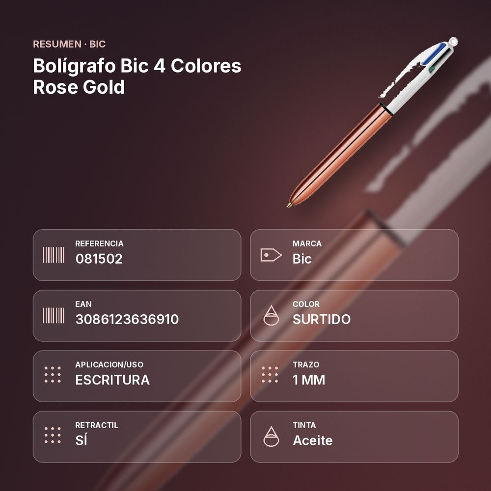 BOLÍGRAFO BIC 4 COLORES ROSE GOLD  - resumen de atributos