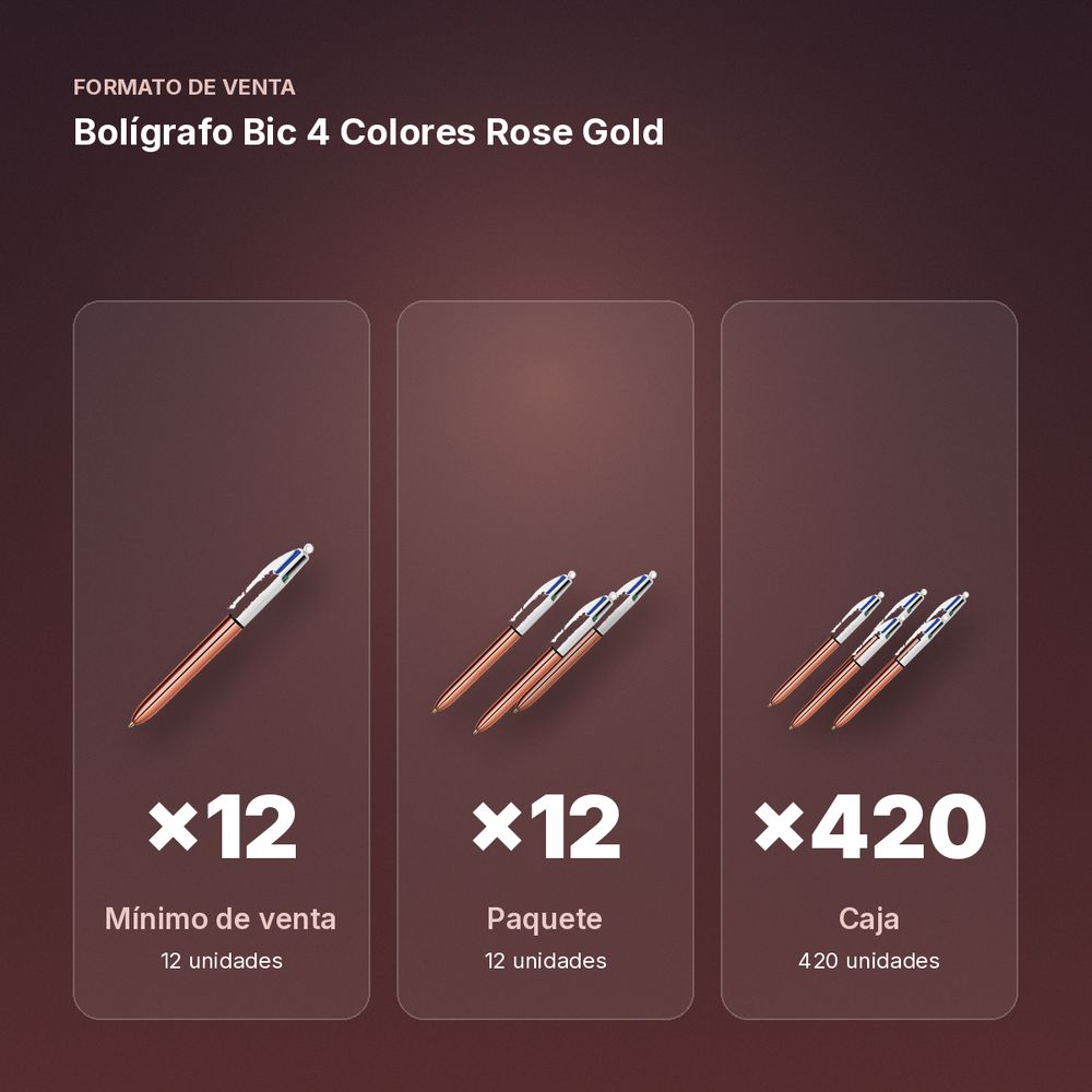 BOLÍGRAFO BIC 4 COLORES ROSE GOLD  - formato de venta: paquete de 12, caja de 420