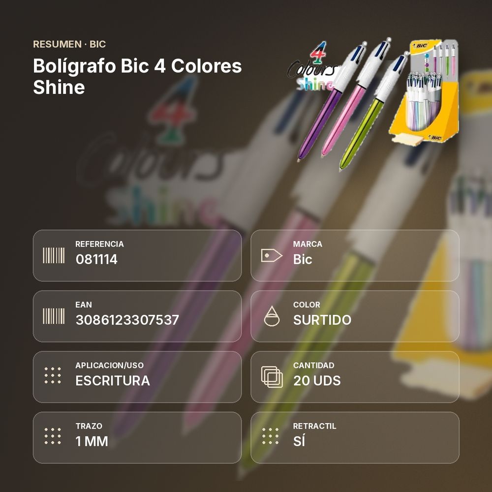 BOLÍGRAFO BIC 4 COLORES SHINE - resumen de atributos