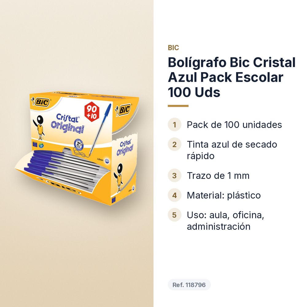 BOLÍGRAFO BIC CRISTAL AZUL PACK ESCOLAR 100 UDS - características principales