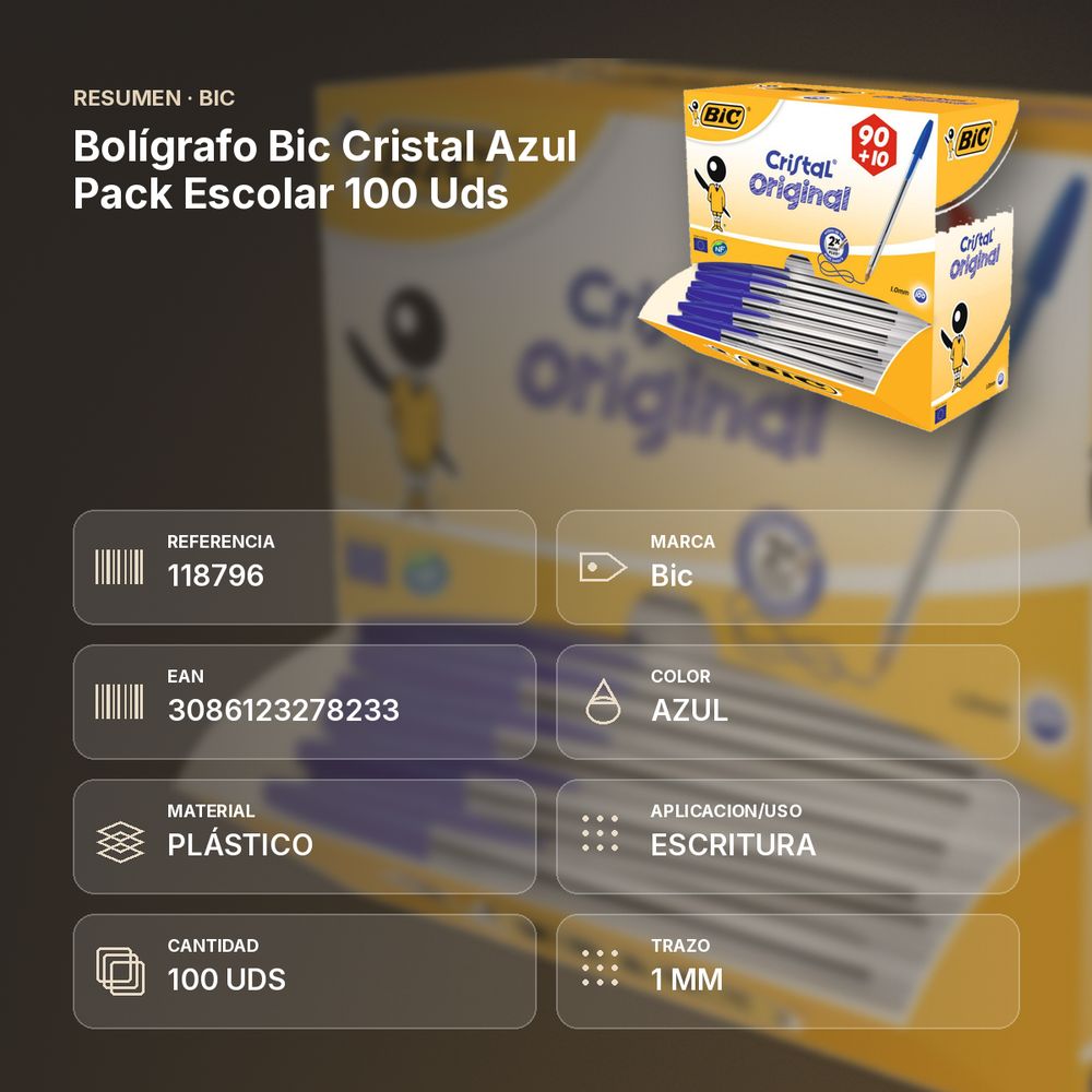 BOLÍGRAFO BIC CRISTAL AZUL PACK ESCOLAR 100 UDS - resumen de atributos