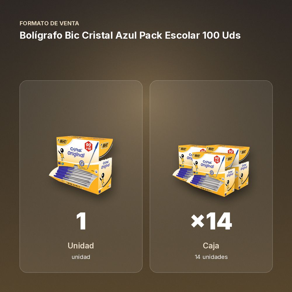 BOLÍGRAFO BIC CRISTAL AZUL PACK ESCOLAR 100 UDS - formato de venta: caja de 14