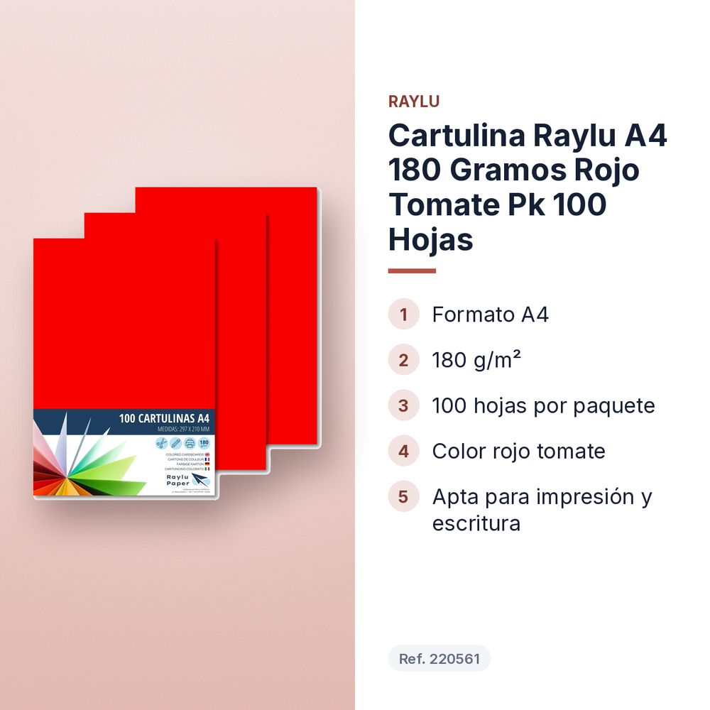 CARTULINA RAYLU A4 180 GRAMOS ROJO TOMATE PK 100 HOJAS - características principales