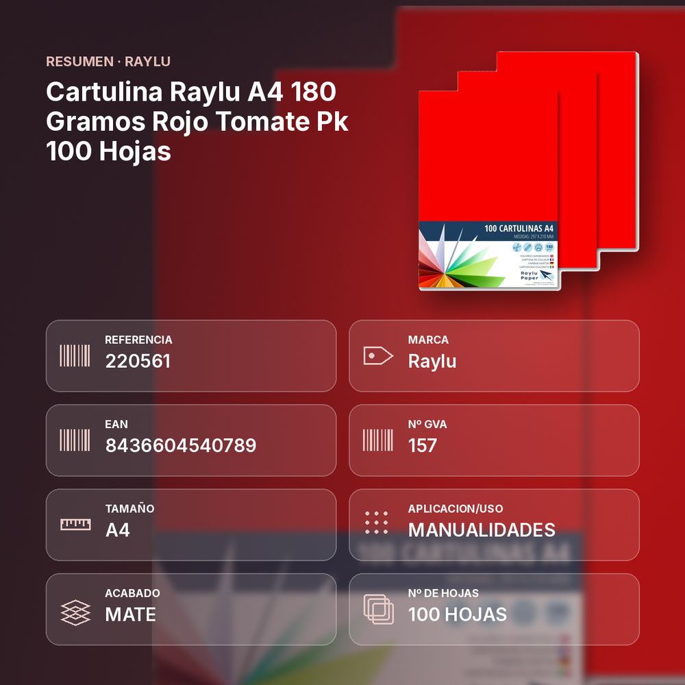 CARTULINA RAYLU A4 180 GRAMOS ROJO TOMATE PK 100 HOJAS - resumen de atributos