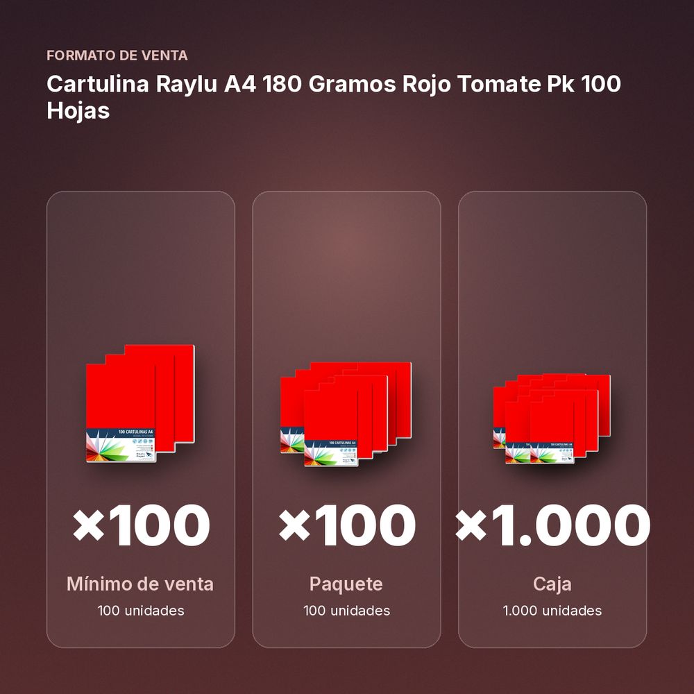 CARTULINA RAYLU A4 180 GRAMOS ROJO TOMATE PK 100 HOJAS - formato de venta: paquete de 100, caja de 1000