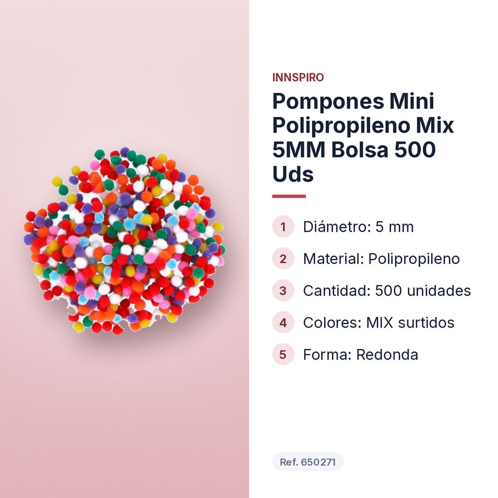POMPONES MINI POLIPROPILENO MIX 5MM BOLSA 500 UDS - características principales