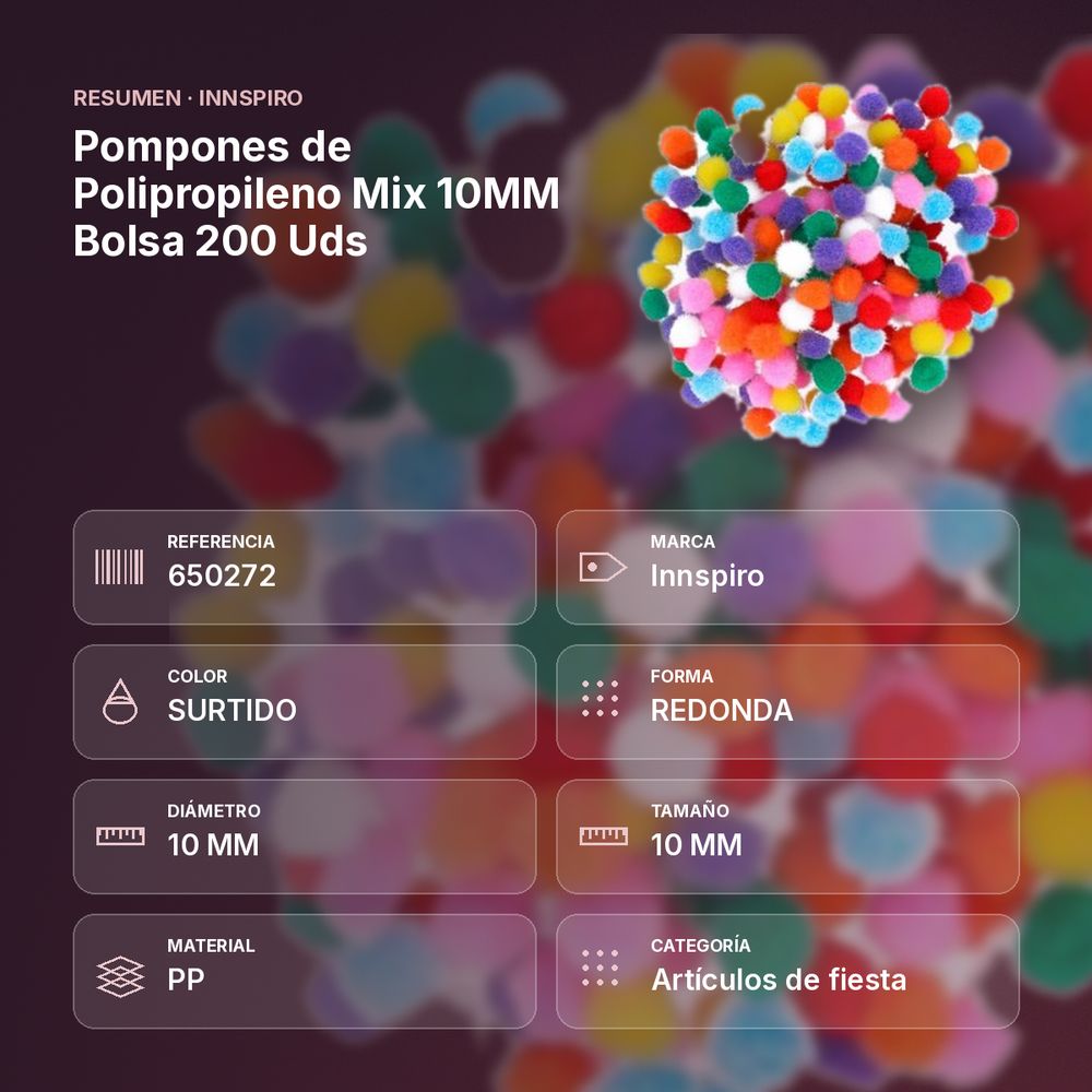 POMPONES DE POLIPROPILENO MIX 10MM BOLSA 200 UDS - resumen de atributos