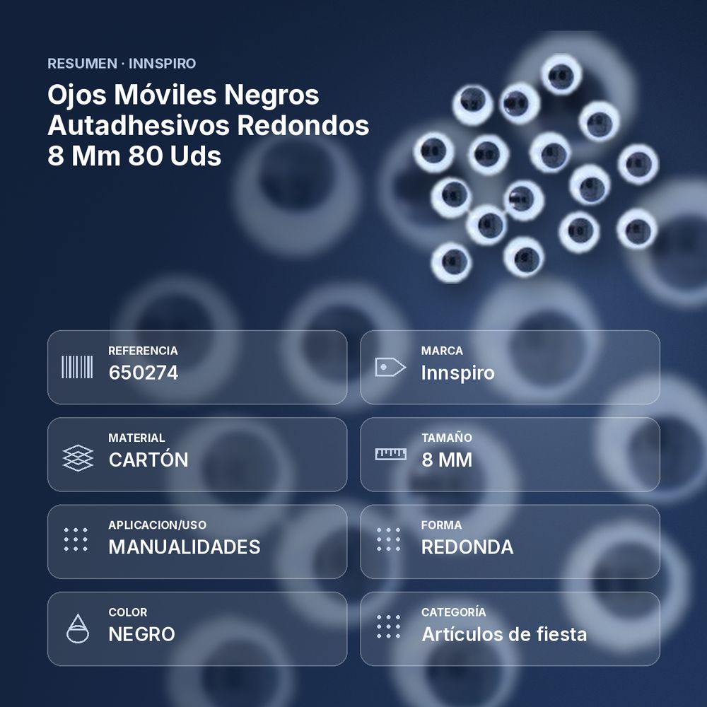 OJOS MÓVILES NEGROS AUTADHESIVOS REDONDOS 8 MM 80 UDS - resumen de atributos