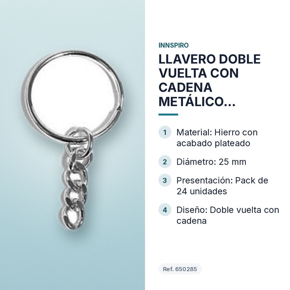 LLAVERO DOBLE VUELTA CON CADENA METÁLICO PLATEADO Ø25MM INNSPIRO 24ud - características principales