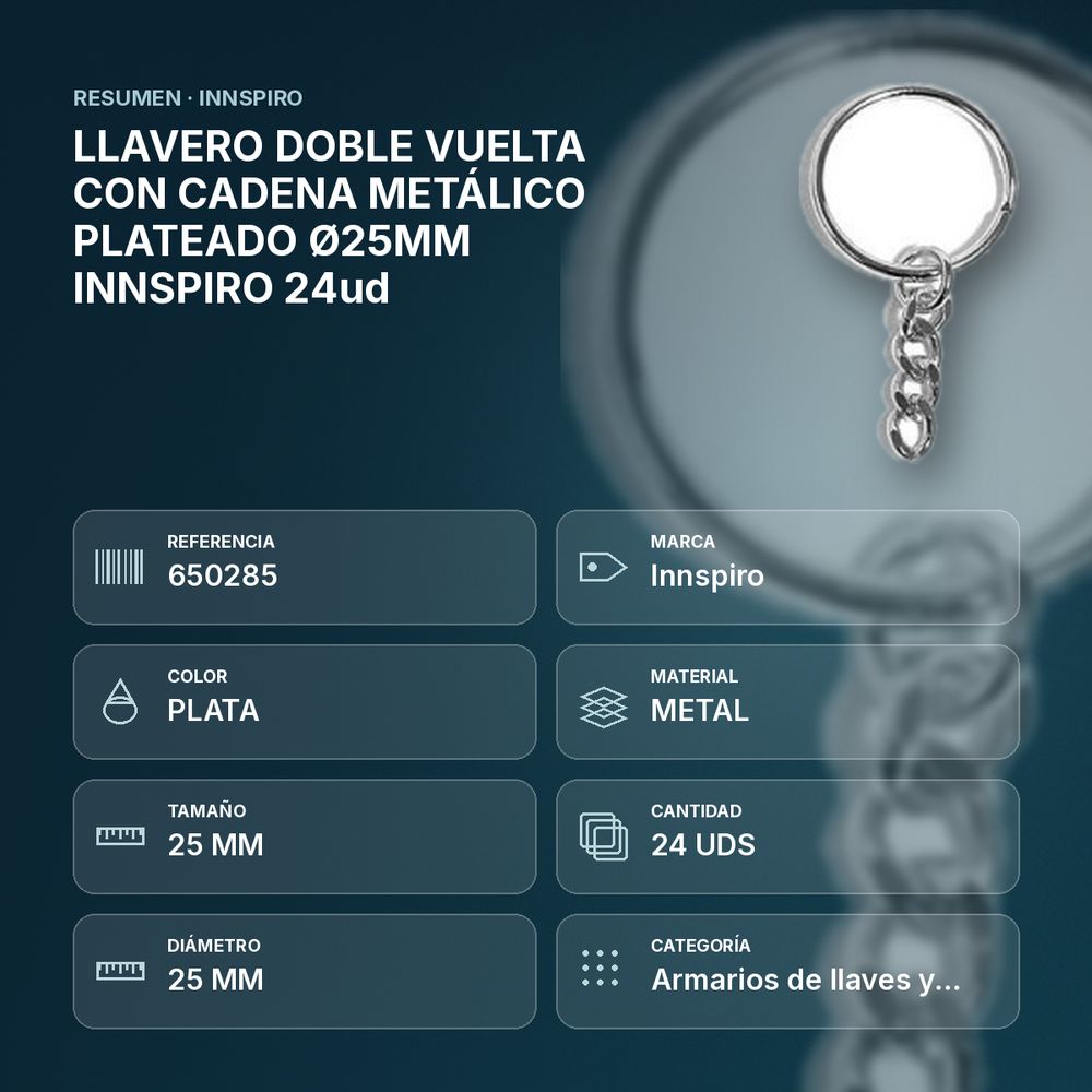 LLAVERO DOBLE VUELTA CON CADENA METÁLICO PLATEADO Ø25MM INNSPIRO 24ud - resumen de atributos