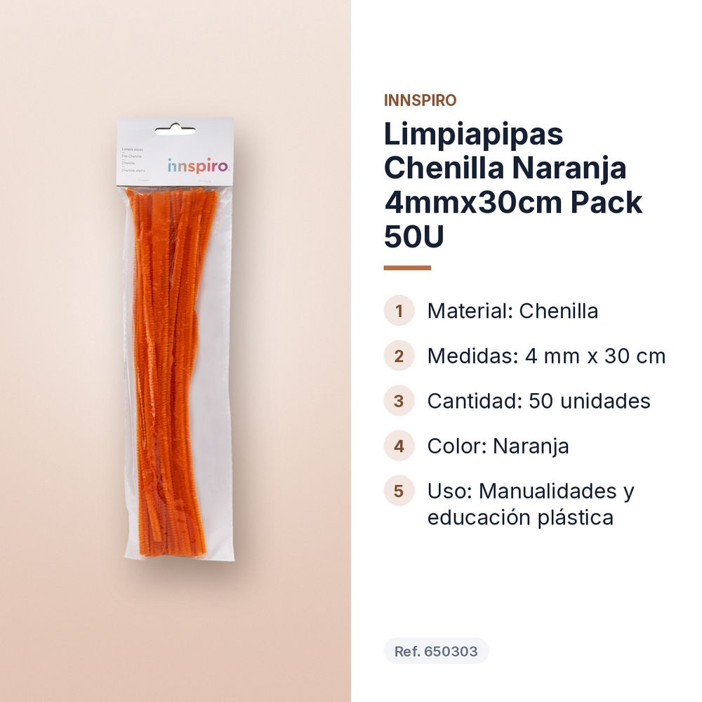 LIMPIAPIPAS CHENILLA NARANJA 4MMX30CM PACK 50U - características principales