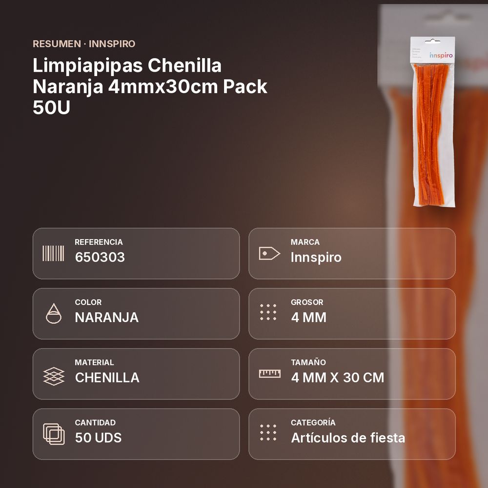 LIMPIAPIPAS CHENILLA NARANJA 4MMX30CM PACK 50U - resumen de atributos