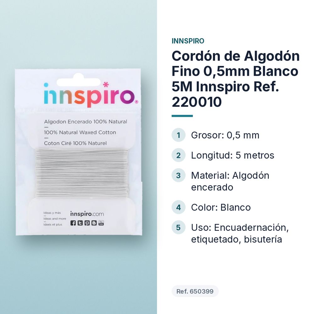 CORDÓN DE ALGODÓN FINO 0,5MM  BLANCO 5M INNSPIRO REF. 220010 - características principales