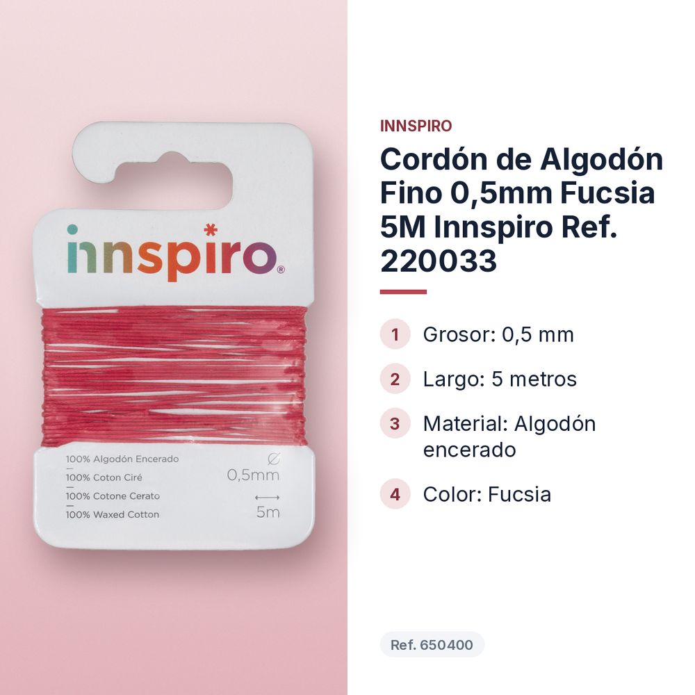 CORDÓN DE ALGODÓN FINO 0,5MM  FUCSIA 5M INNSPIRO REF. 220033 - características principales