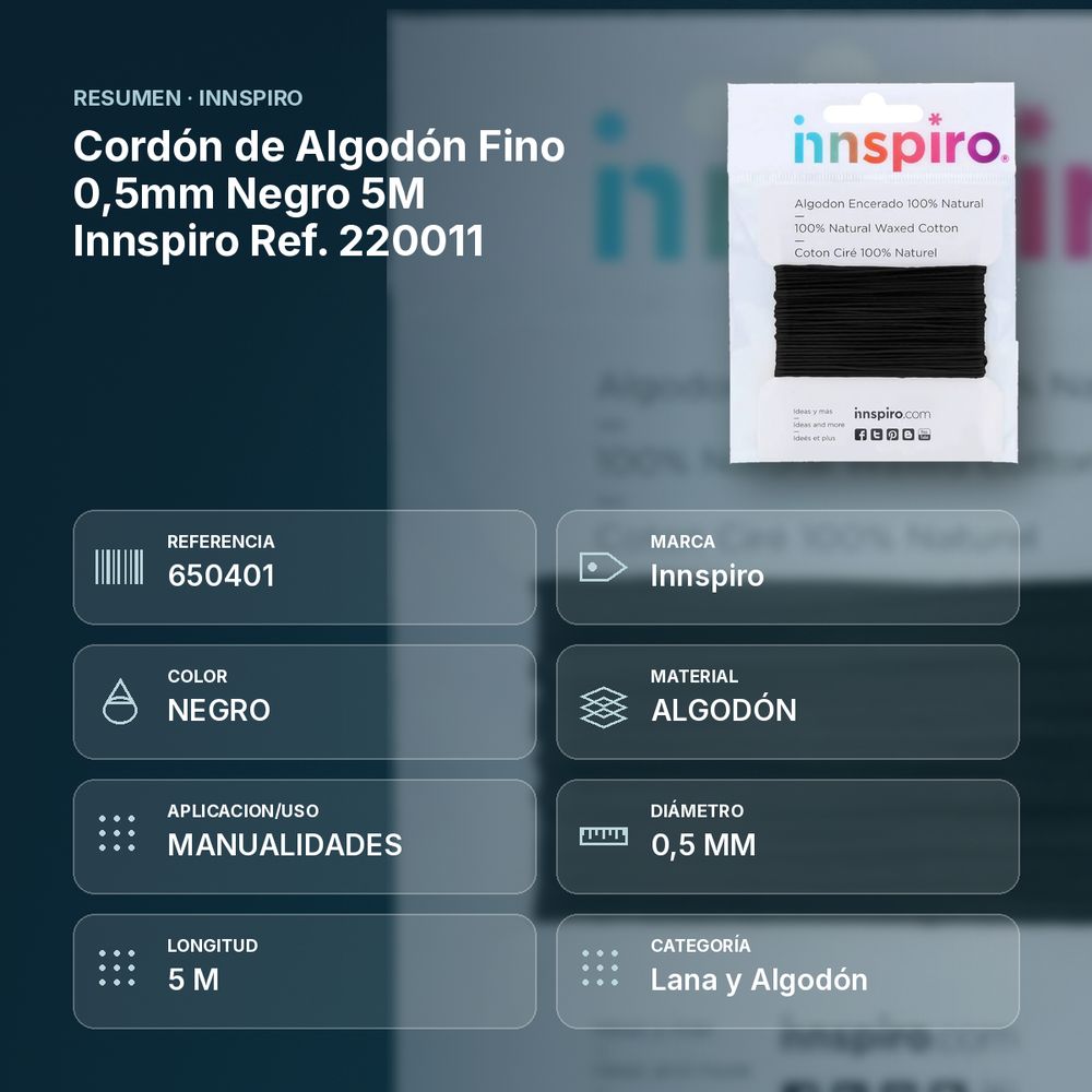 CORDÓN DE ALGODÓN FINO 0,5MM  NEGRO 5M INNSPIRO REF. 220011 - resumen de atributos