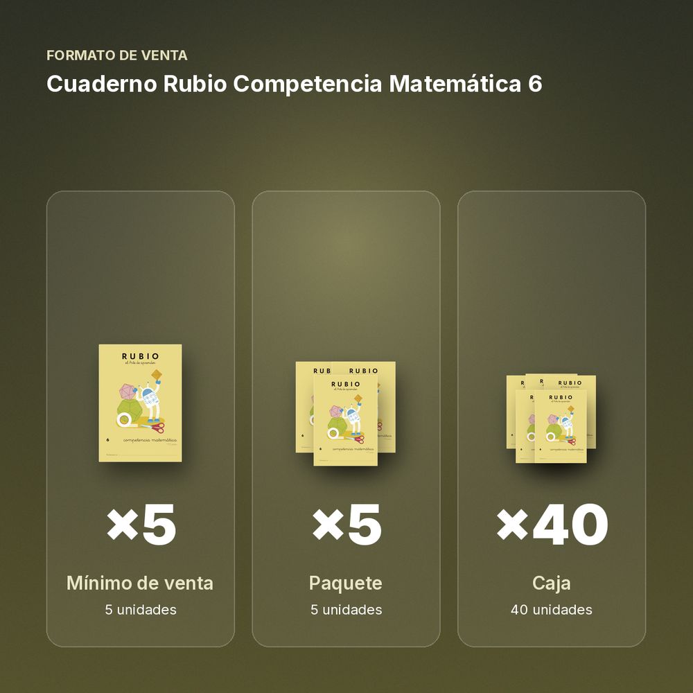 CUADERNO RUBIO COMPETENCIA MATEMÁTICA 6 - formato de venta: paquete de 5, caja de 40