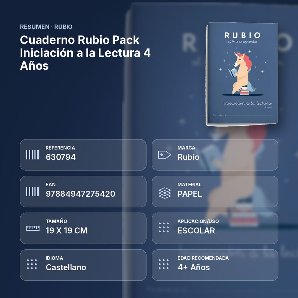 CUADERNO RUBIO PACK INICIACIÓN A LA LECTURA 4 AÑOS - resumen de atributos