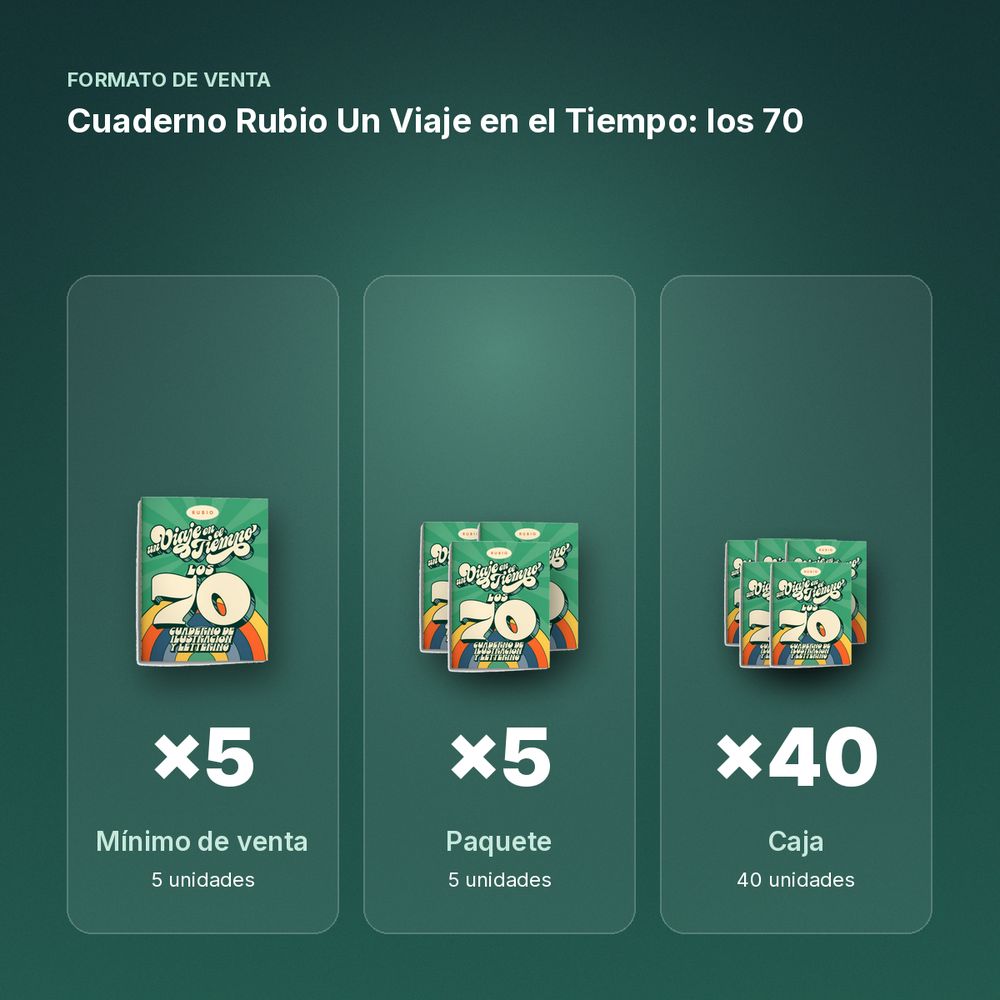 CUADERNO RUBIO UN VIAJE EN EL TIEMPO: LOS 70 - formato de venta: paquete de 5, caja de 40