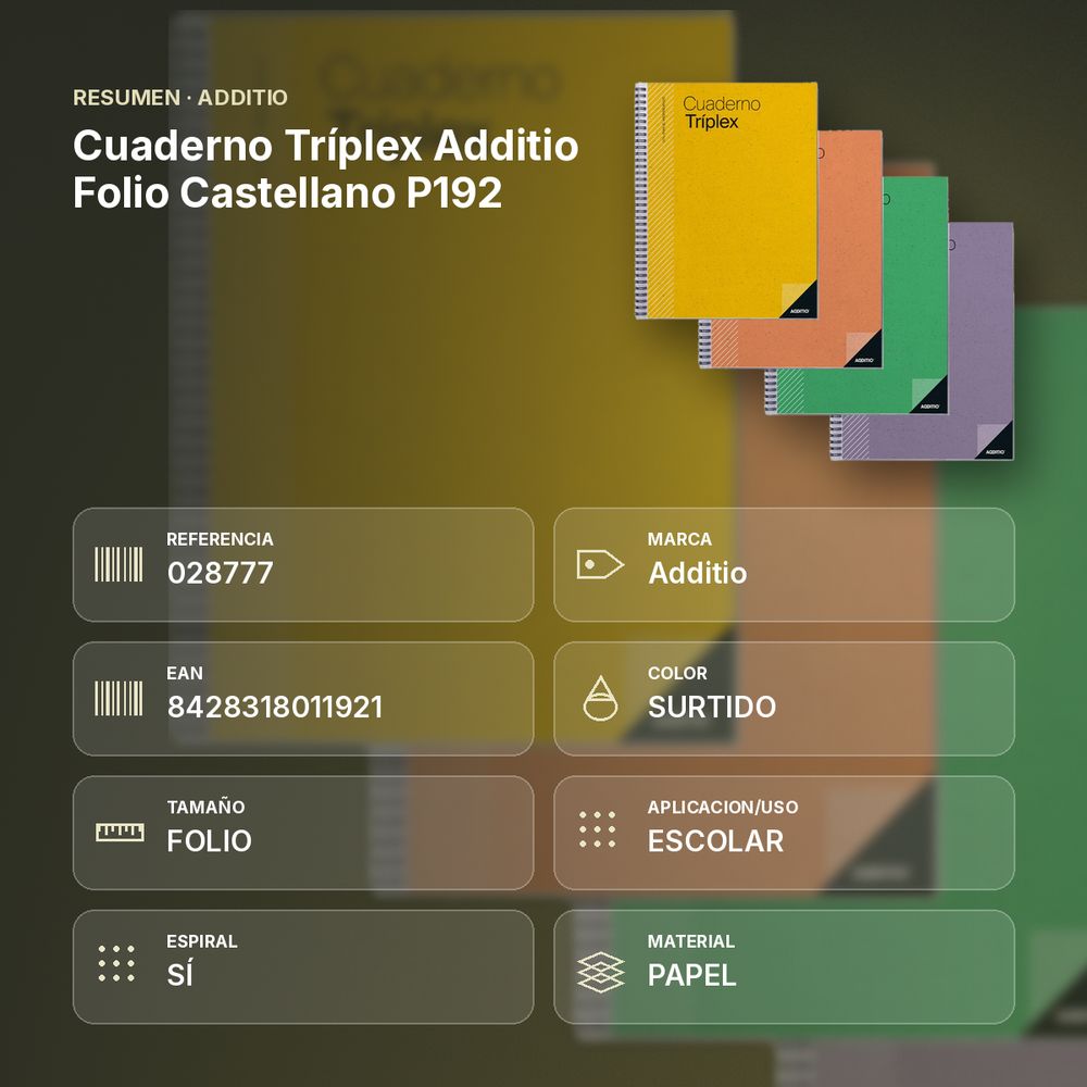 CUADERNO TRÍPLEX ADDITIO FOLIO CASTELLANO P192 - resumen de atributos