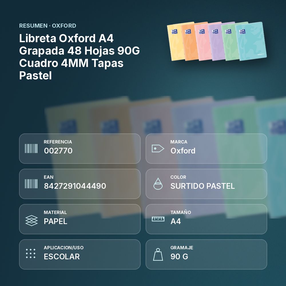 LIBRETA  OXFORD A4 GRAPADA 48 HOJAS 90G CUADRO 4MM TAPAS PASTEL - resumen de atributos