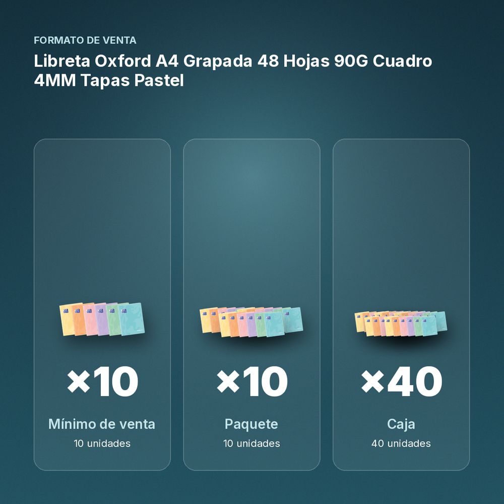 LIBRETA  OXFORD A4 GRAPADA 48 HOJAS 90G CUADRO 4MM TAPAS PASTEL - formato de venta: paquete de 10, caja de 40, palé de 2160