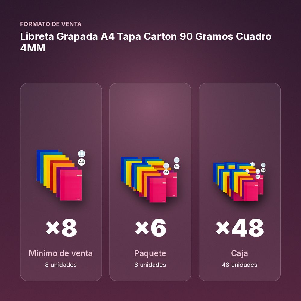 LIBRETA GRAPADA A4 TAPA CARTON 90 GRAMOS CUADRO 4MM - formato de venta: paquete de 6, caja de 48