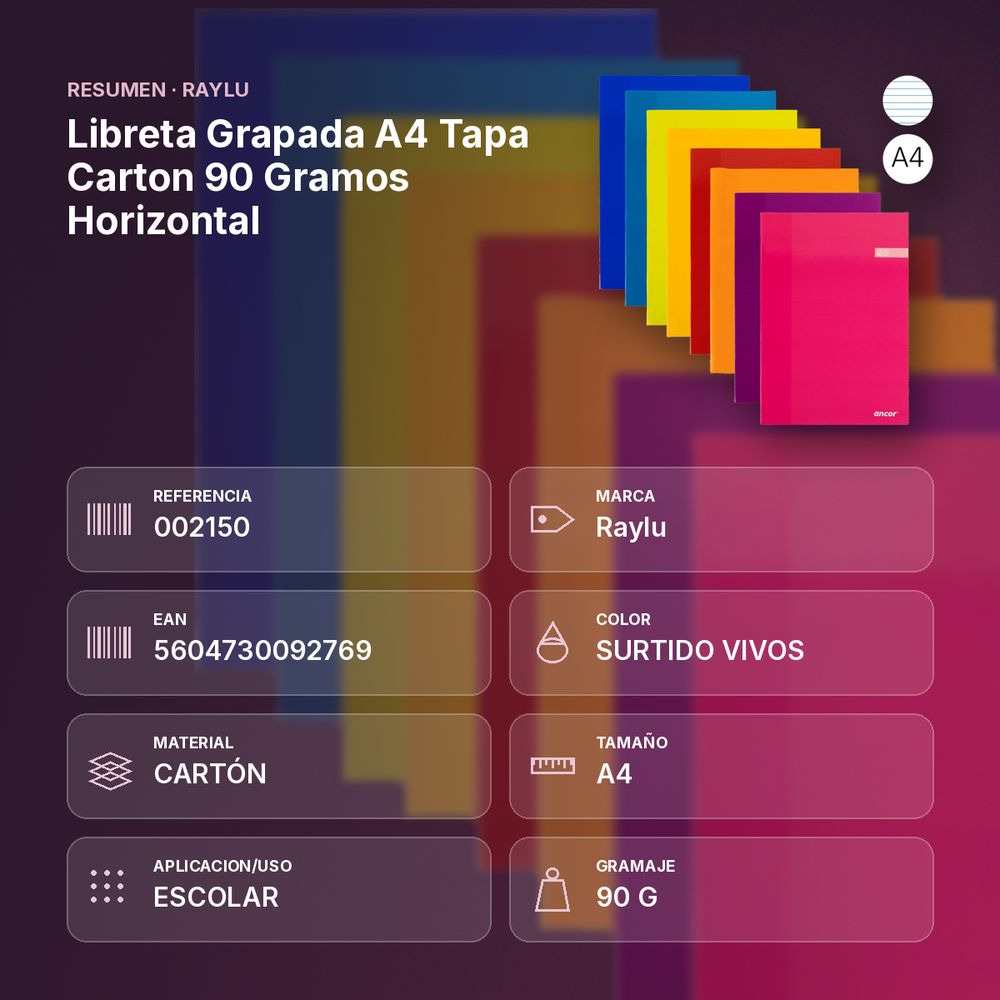 LIBRETA GRAPADA A4 TAPA CARTON 90 GRAMOS HORIZONTAL - resumen de atributos