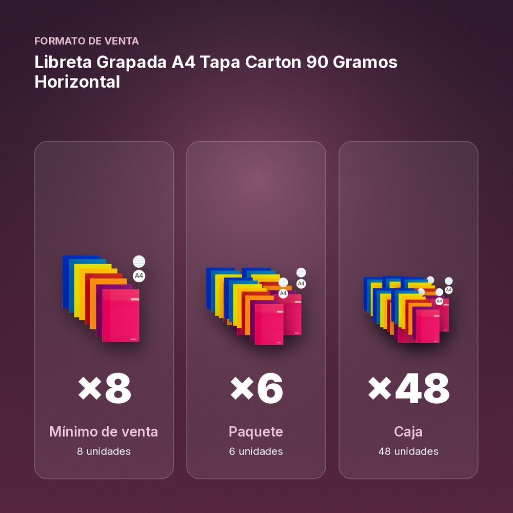 LIBRETA GRAPADA A4 TAPA CARTON 90 GRAMOS HORIZONTAL - formato de venta: paquete de 6, caja de 48
