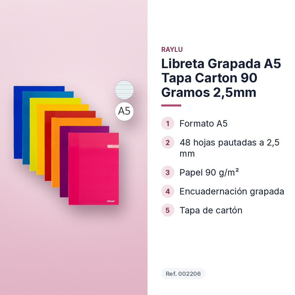 LIBRETA GRAPADA A5 TAPA CARTON 90 GRAMOS 2,5MM - características principales