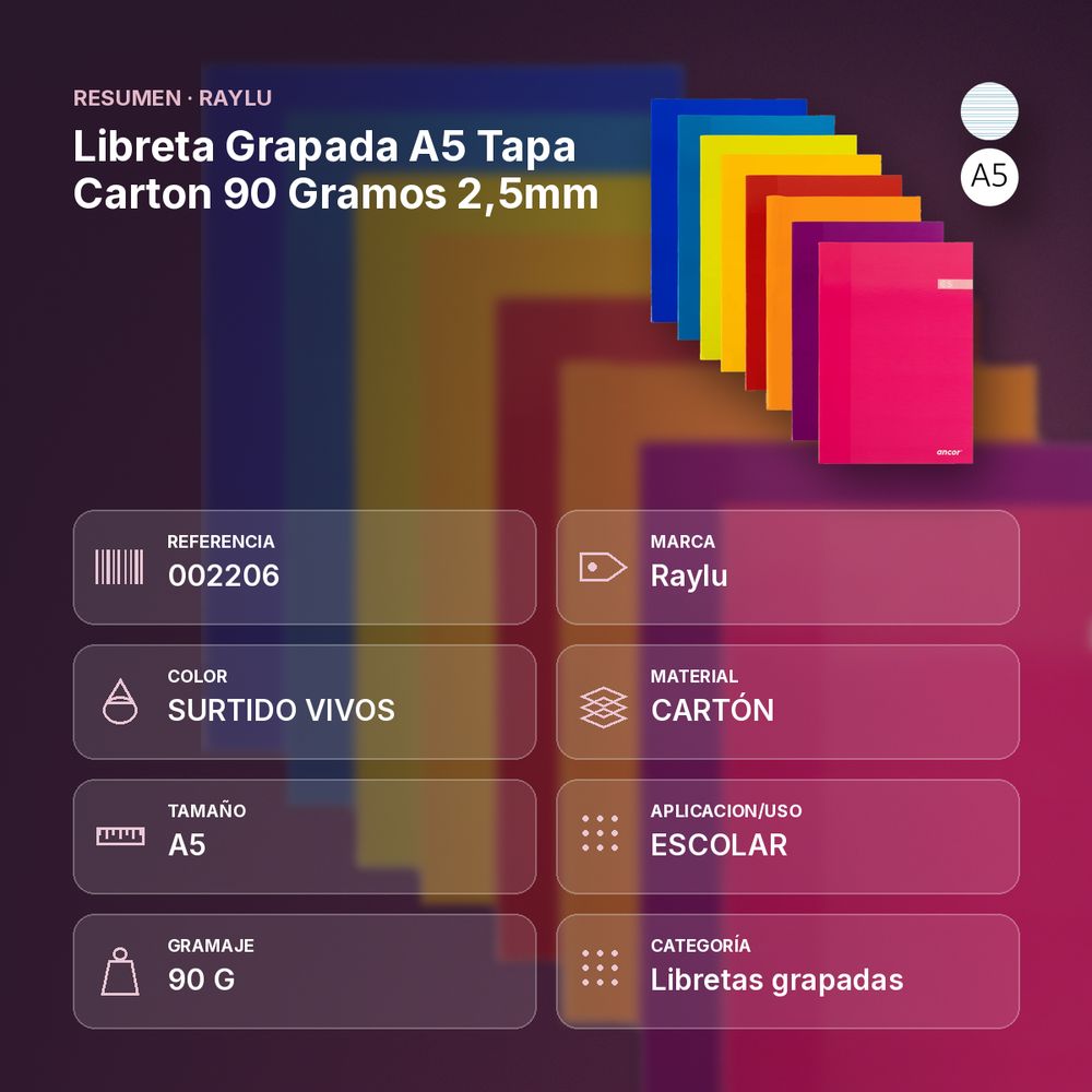 LIBRETA GRAPADA A5 TAPA CARTON 90 GRAMOS 2,5MM - resumen de atributos