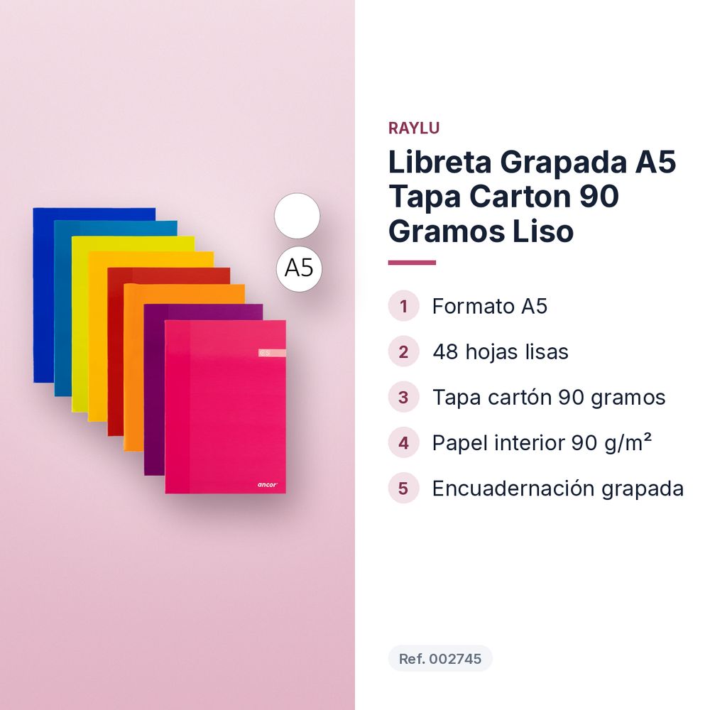 LIBRETA GRAPADA A5 TAPA CARTON 90 GRAMOS LISO - características principales