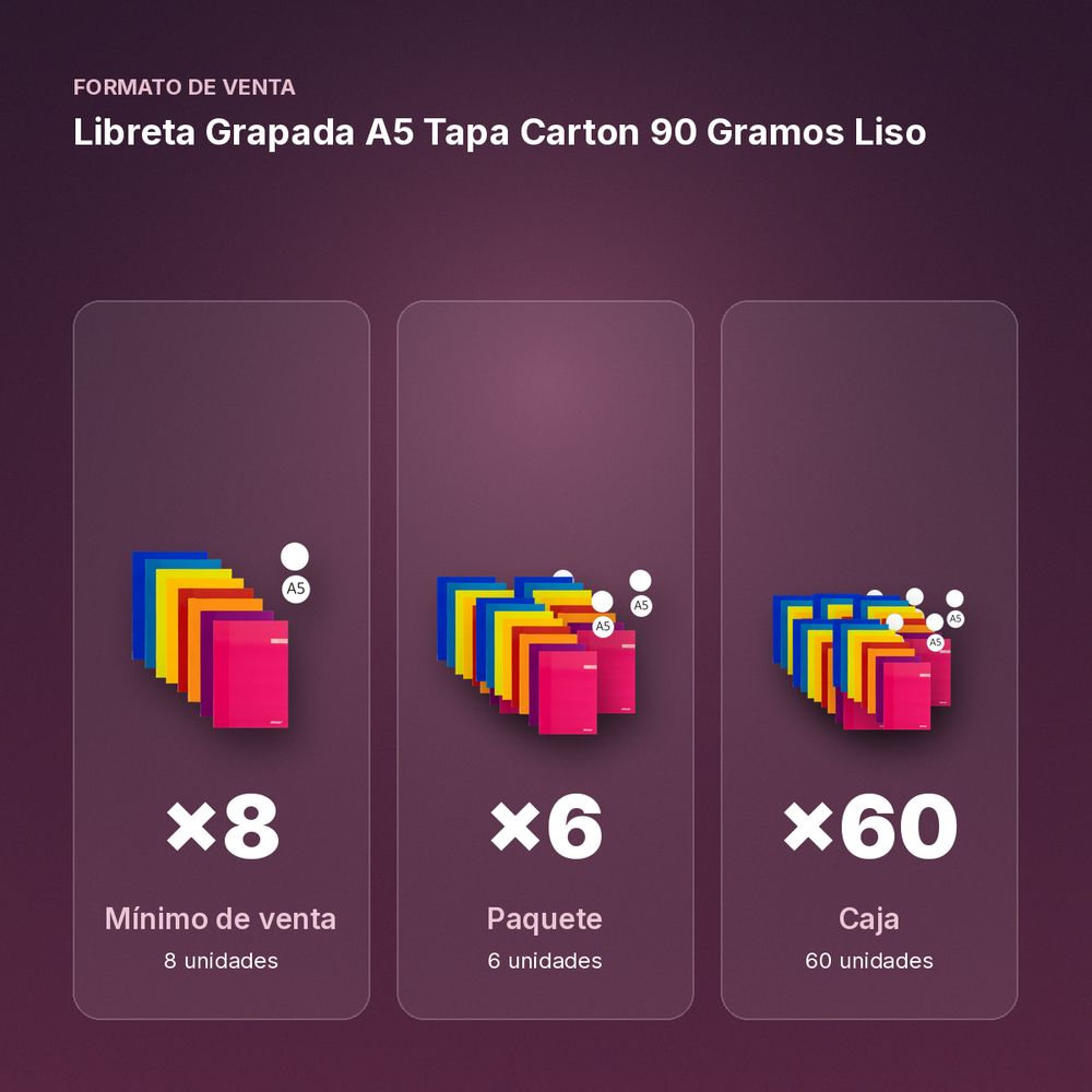 LIBRETA GRAPADA A5 TAPA CARTON 90 GRAMOS LISO - formato de venta: paquete de 6, caja de 60