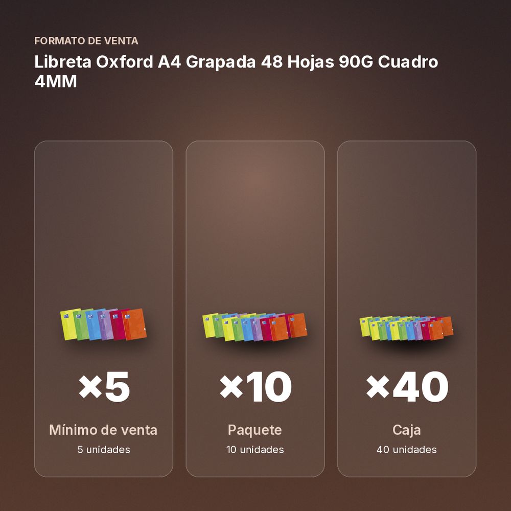 LIBRETA OXFORD A4 GRAPADA 48 HOJAS 90G CUADRO 4MM - formato de venta: paquete de 10, caja de 40, palé de 2160