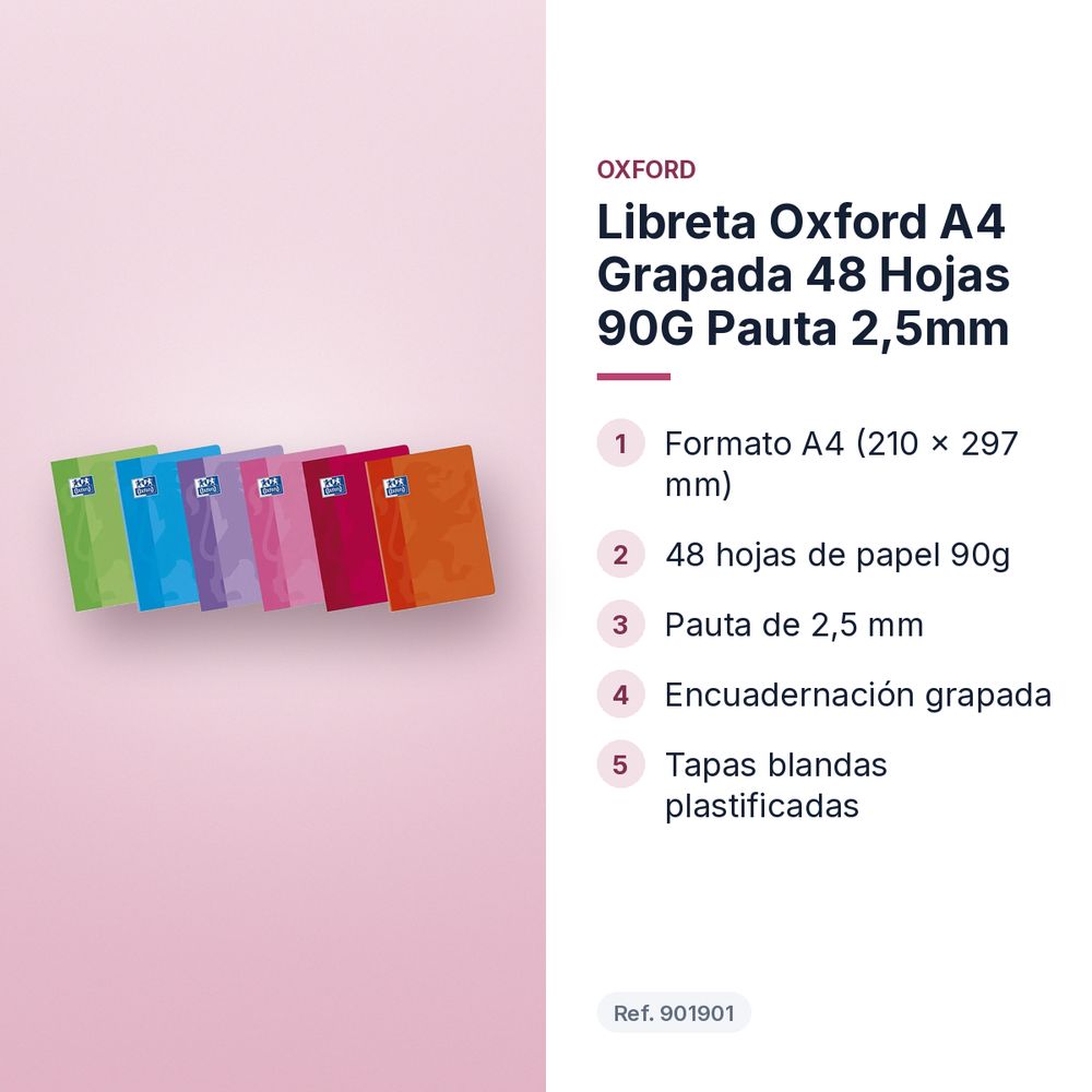 LIBRETA OXFORD A4 GRAPADA 48 HOJAS 90G PAUTA 2,5MM - características principales