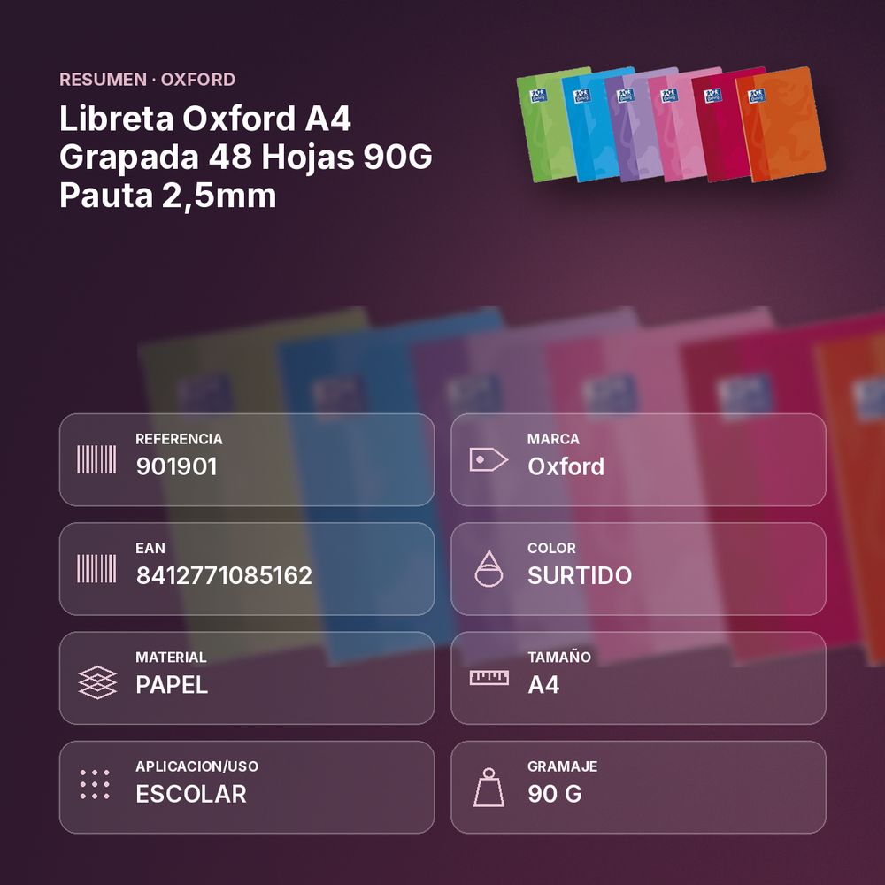 LIBRETA OXFORD A4 GRAPADA 48 HOJAS 90G PAUTA 2,5MM - resumen de atributos