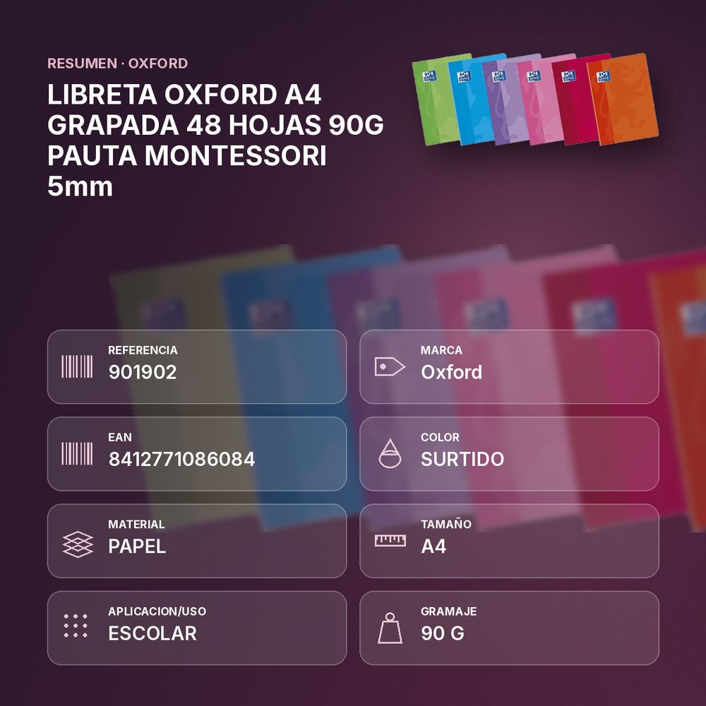 LIBRETA OXFORD A4 GRAPADA 48 HOJAS 90G PAUTA MONTESSORI 5mm - resumen de atributos