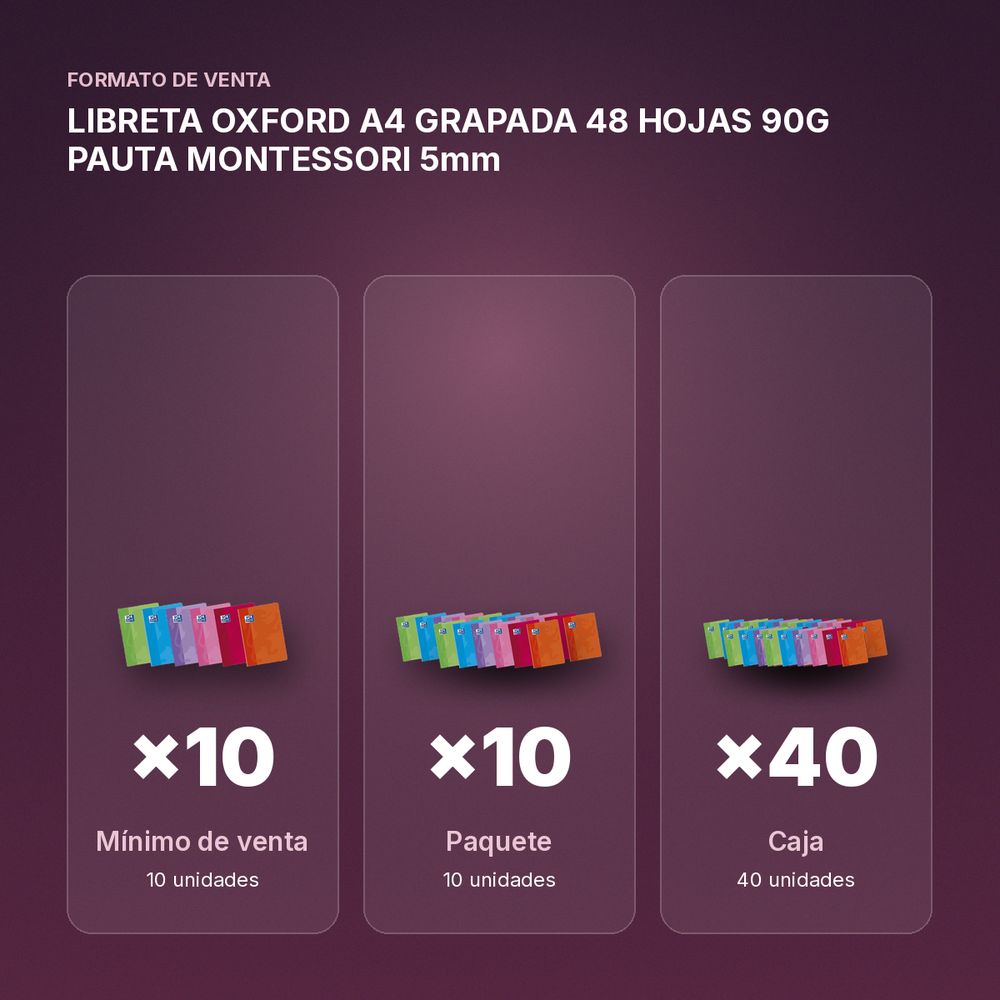 LIBRETA OXFORD A4 GRAPADA 48 HOJAS 90G PAUTA MONTESSORI 5mm - formato de venta: paquete de 10, caja de 40, palé de 2160