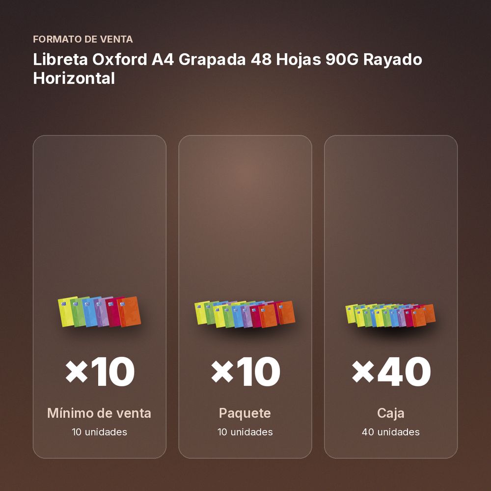 LIBRETA OXFORD A4 GRAPADA 48 HOJAS 90G RAYADO HORIZONTAL - formato de venta: paquete de 10, caja de 40, palé de 2160