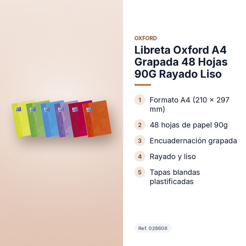 LIBRETA OXFORD A4 GRAPADA 48 HOJAS 90G RAYADO LISO  - características principales