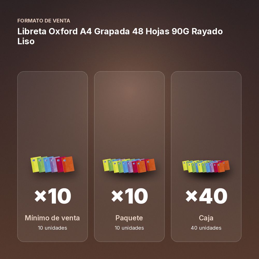 LIBRETA OXFORD A4 GRAPADA 48 HOJAS 90G RAYADO LISO  - formato de venta: paquete de 10, caja de 40, palé de 2160